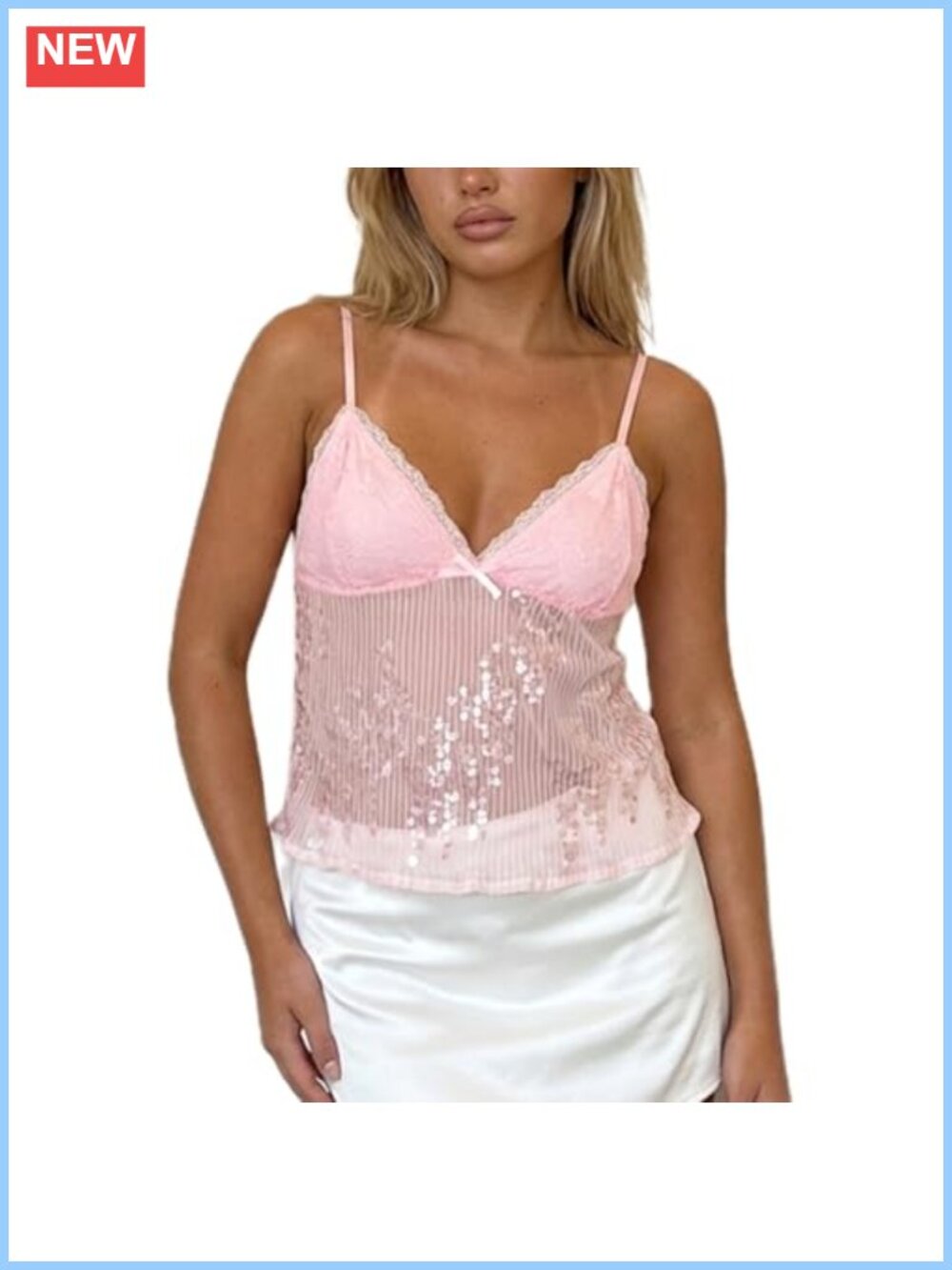 Y2K Sequin Cami Top Sheer See Through Backless Crop Tank Summer Sparkly Camisole